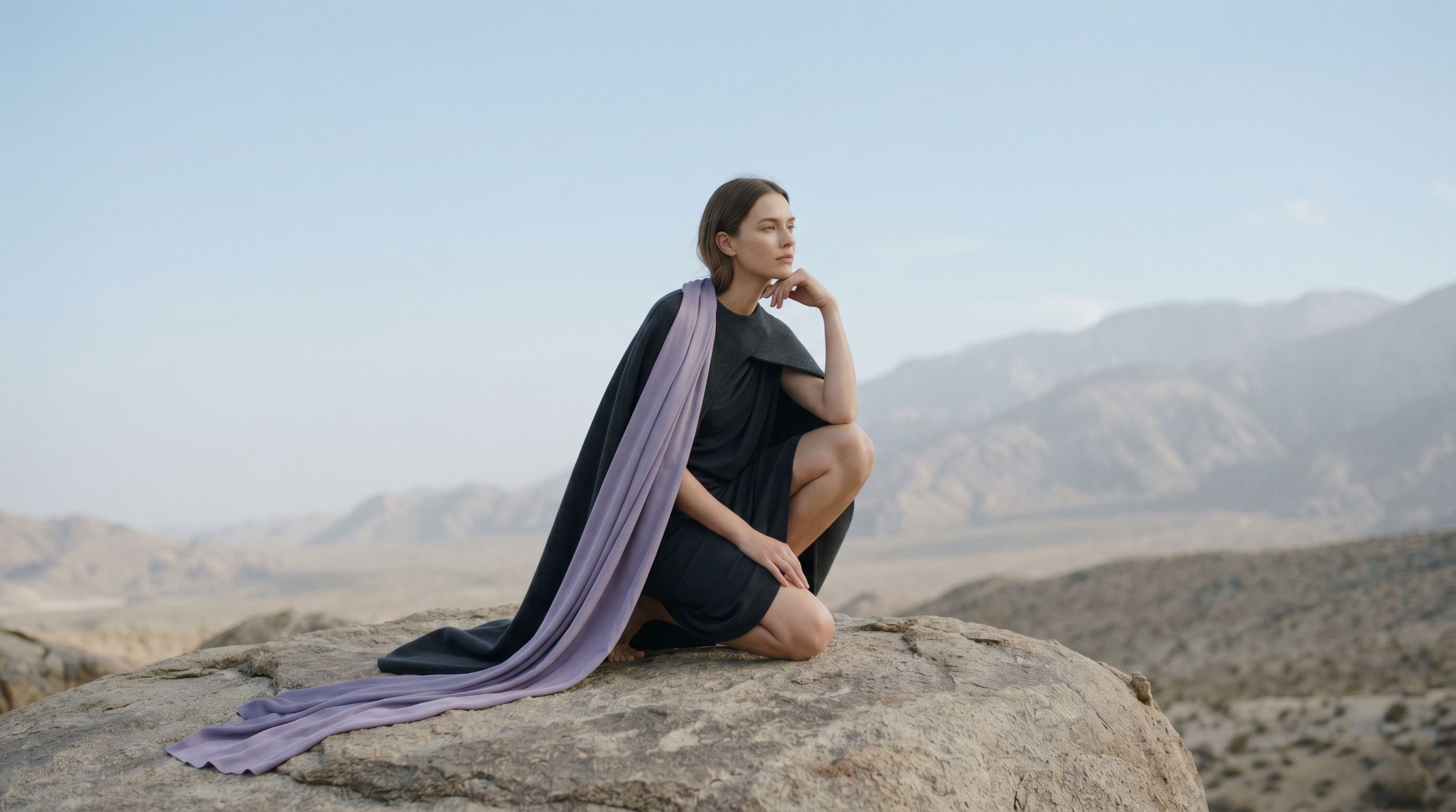 AI-generated on-model fashion image: model kneeling on a desert rock in a charcoal draped dress with a long lilac silk wrap, mountains behind