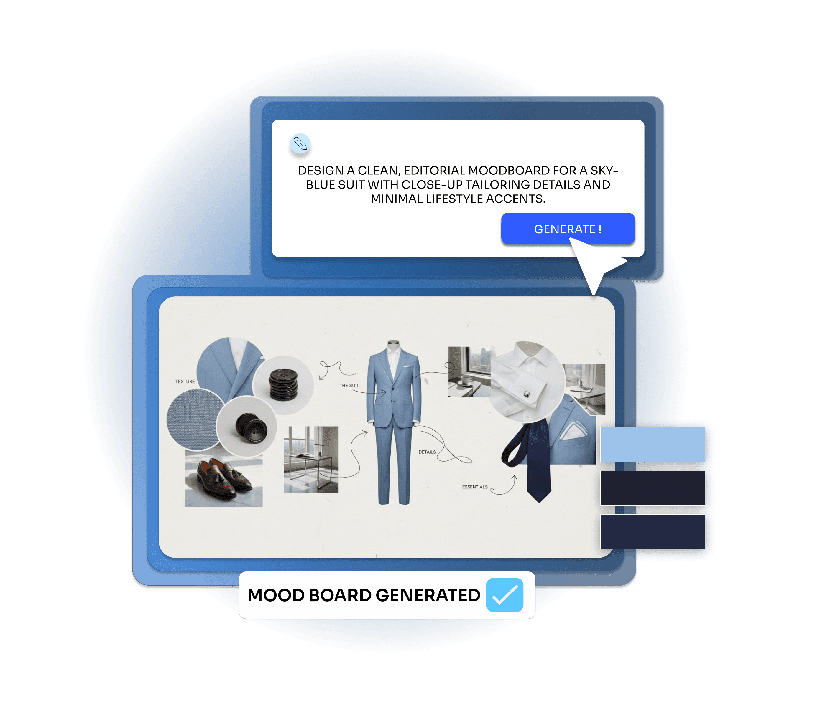 Streamoid AI moodboard generator: a text prompt for an editorial sky-blue suit moodboard, and the generated board with fabric textures, buttons, shoes, shirt and tie details plus an extracted colour palette