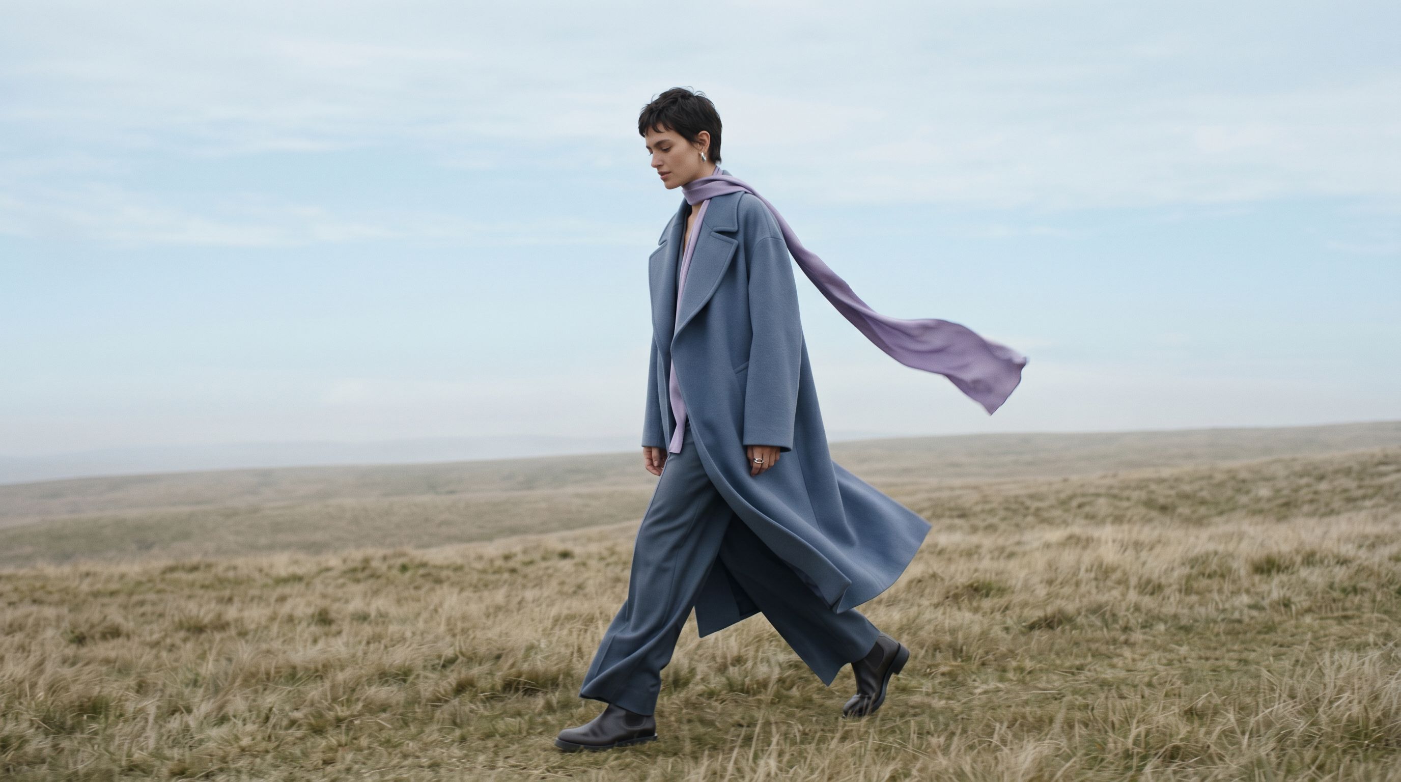 AI-generated on-model fashion image: model walking through open moorland in a blue-grey wool overcoat, matching wide-leg trousers and a trailing lilac silk scarf