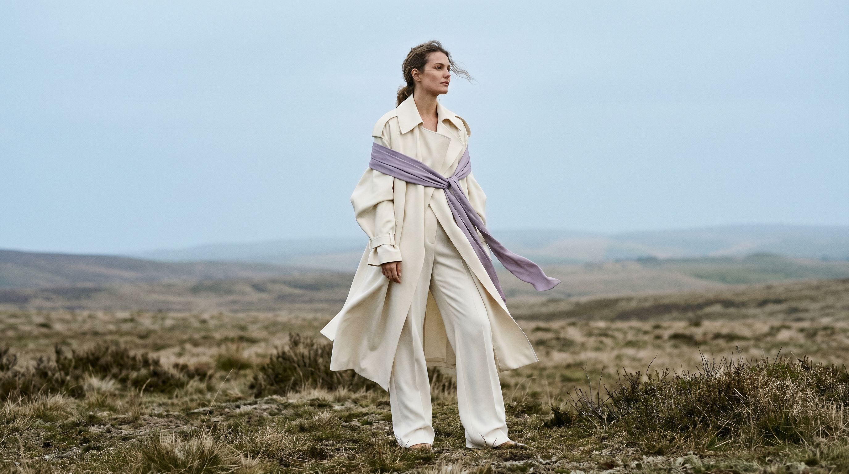 AI-generated on-model fashion image: model standing in open moorland in a cream trench coat and wide-leg trousers with a lilac scarf tied at the waist