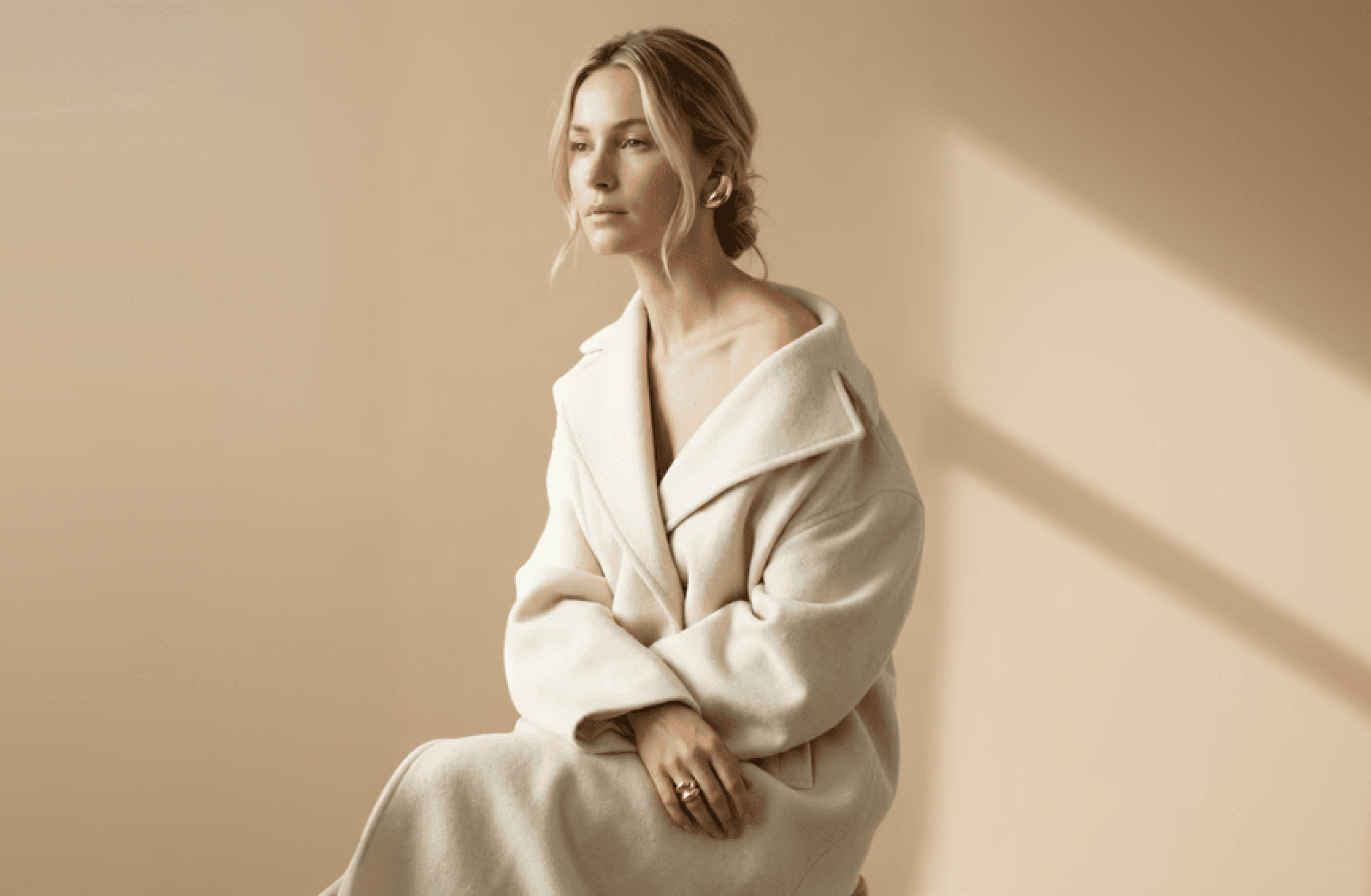 AI-generated studio fashion image: model seated in an oversized cream wool coat worn off the shoulder, warm beige backdrop with diagonal window light