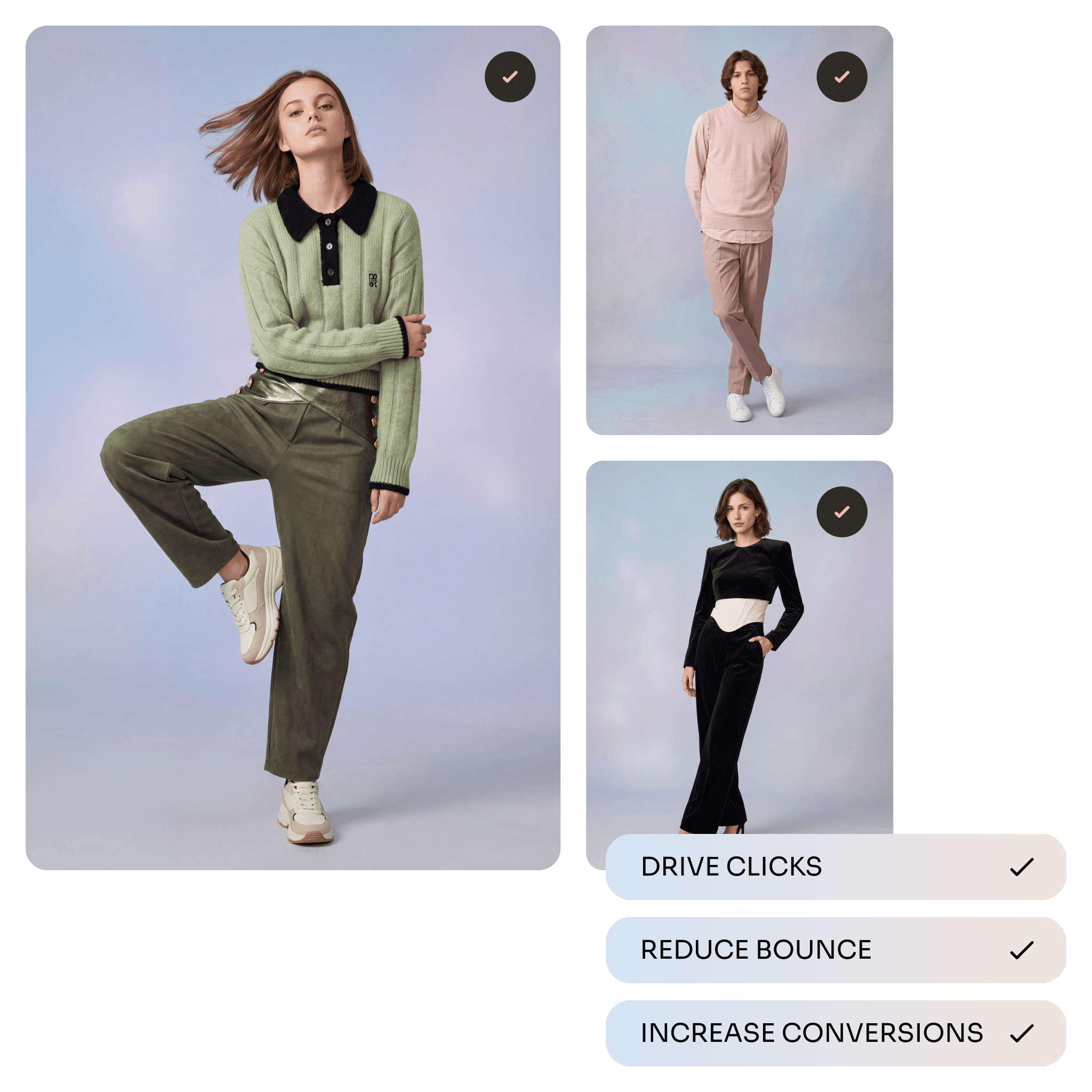 AI-generated on-model product photo grid for a Shopify fashion store